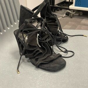 Cecelia New York Black Ruffle front suede wrap ankle heel!